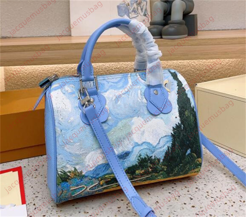 

Designer Pillow bag Speedy 25 handbag keepall tote unisex Shoulder crossbody bags men 4A high quality Oil painting wheat field dhgate Shoulder crossbody pocket, Blue