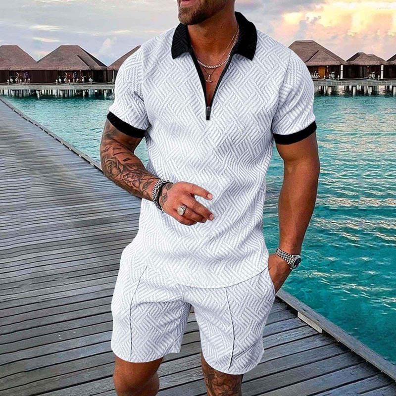

Men's Tracksuits Male Summer Casual Print Zipper Turn Down Collar Blouse Short Sleeve Tops Shirt Shorts Outfits Tuxedo Rental, A-white