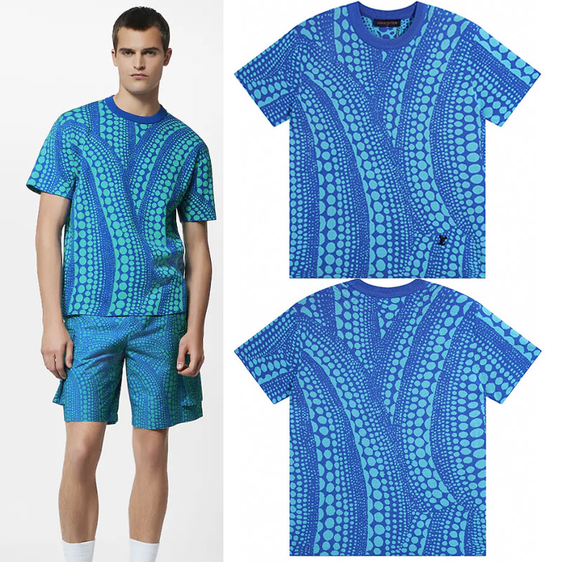 

23SS Mens Summer L All Over Pumpkin Crewneck Graphic Crewneck Vibrant Blue Yayoi Kusama V Collection Allover Pumpkin Jacquard Motif Outdoor Casual Tee T-Shirt, 24