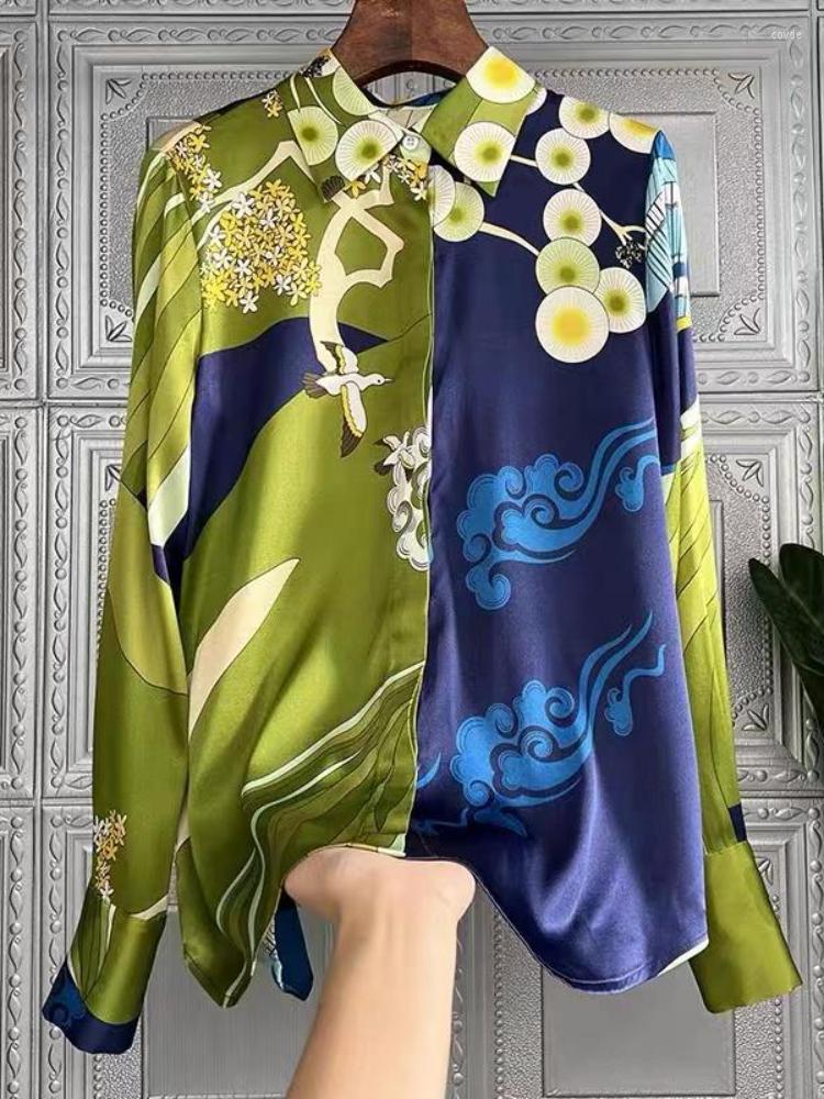 

Women' Blouses For Women Fashion 2023 Printed Satin Face Single Breasted Lapel Shirt Elegant Youth Green Stylish Women' Blouse