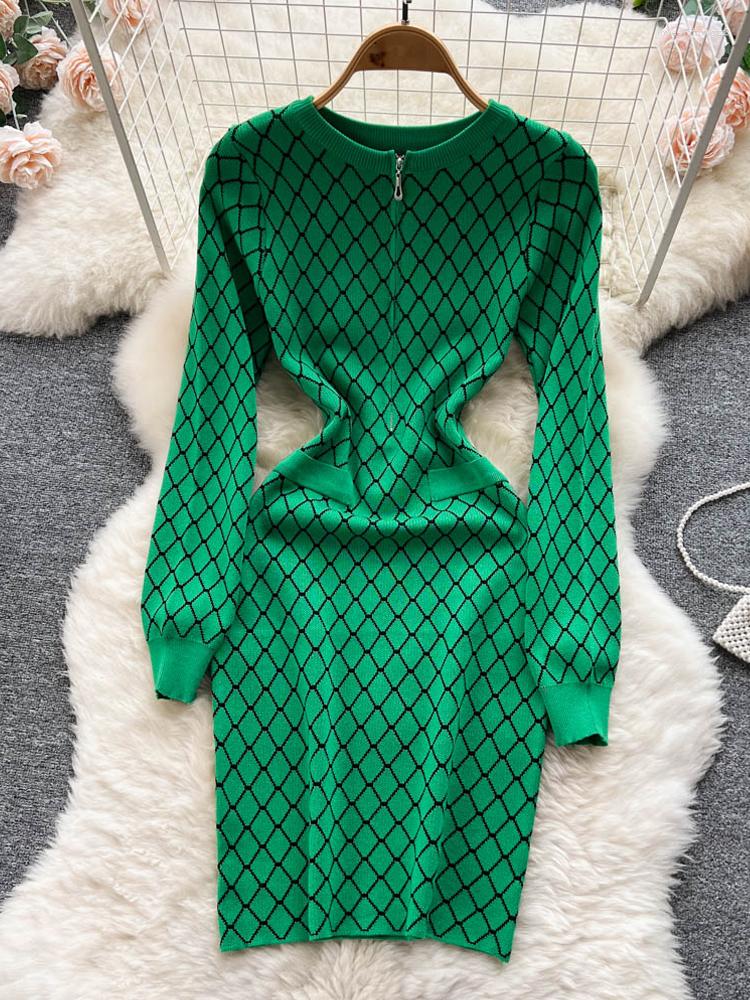 

Casual Dresses YuooMuoo Brand Fashion Geometric Knitted Vestidos Women Autumn Winter Long Sleeve Zipper O-neck Short Dress, Beige