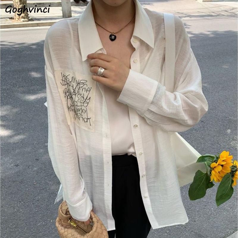 

Women' Blouses Summer Shirts Long Sleeve Thin Print Pockets All-match Sun-proof Fashion Korean Style Harajuku Females Tops Camisas Mujer, White
