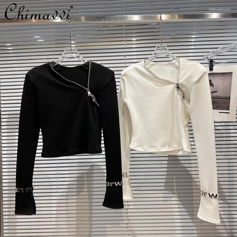 

Women' T Shirts 2023 Spring Clothes Fashion Beveled Zipper Collar Letter Strap Cuff Undershirt Slim Temperament Pullover Women, Black