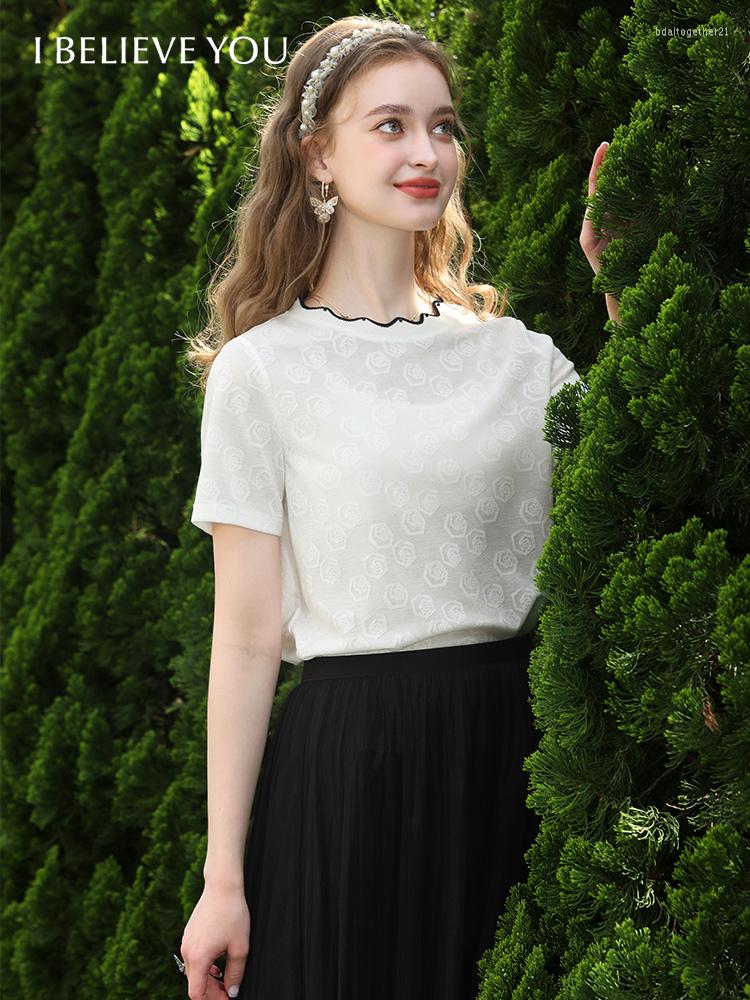 

Women's Blouses Elegant Embroideried Flares White Lace T Shirt For Women 2023 Summer Sweety Solid Jacquard Short Sleeve O Neck