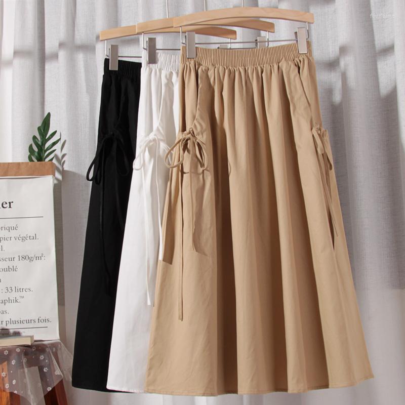 

Skirts Women Summer Solid Skirt High Waist Drawstring Big Pockets Casual Office Lady OL A-Line Umbrella Mujer Faldas, Khaki