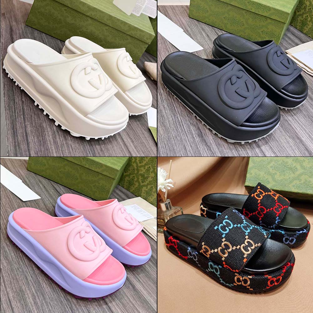 

2023 Women Interlocking Double G Thick Bottom Slippers Flat Bottom Slipper Rubber Non slip Sandals Printed Embossed Pattern Interlocking Elevated Slippers, #20