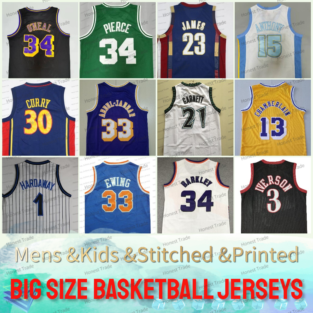 

Custom Big Size Basketball Jersey 4XL 3XL Bryant James Kareem Abdul Jabbar Michael Shaquille oneal Allen Iverson Barkley Hardaway Anthony Shareef Abdur Rahim Bibby, Style4