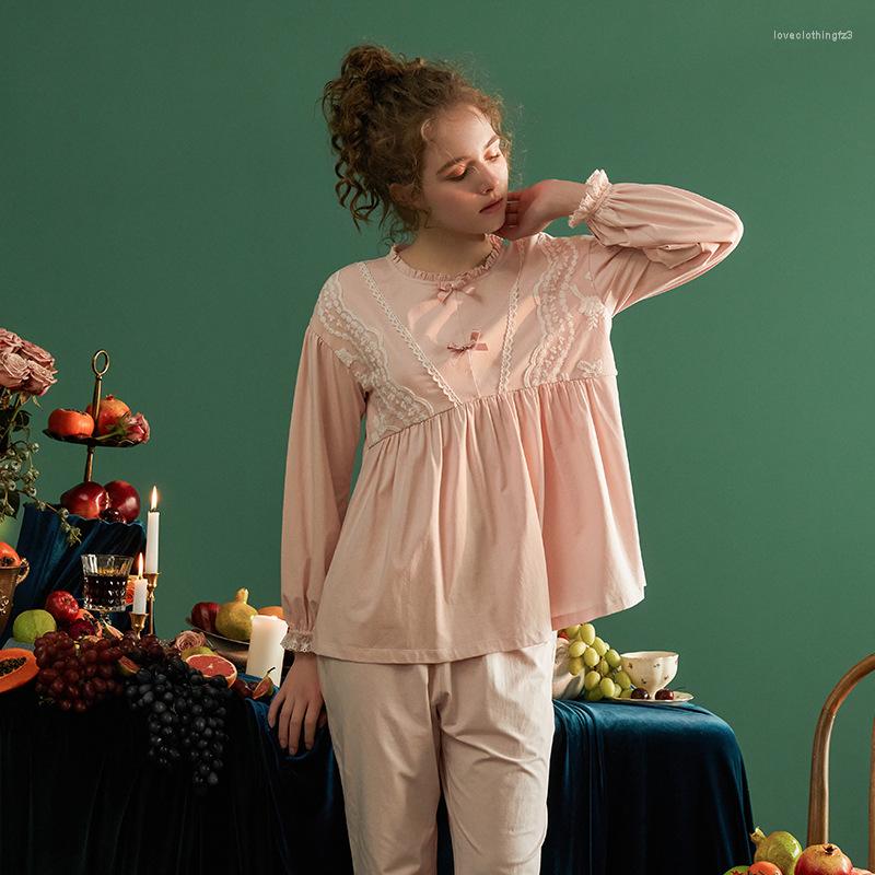 

Women' Sleepwear Retro Lace Long Sleeve Round-neck Pajama Set Princess Style Sweet WearOuter Homewear Female Autumn Pyjamas, Pink