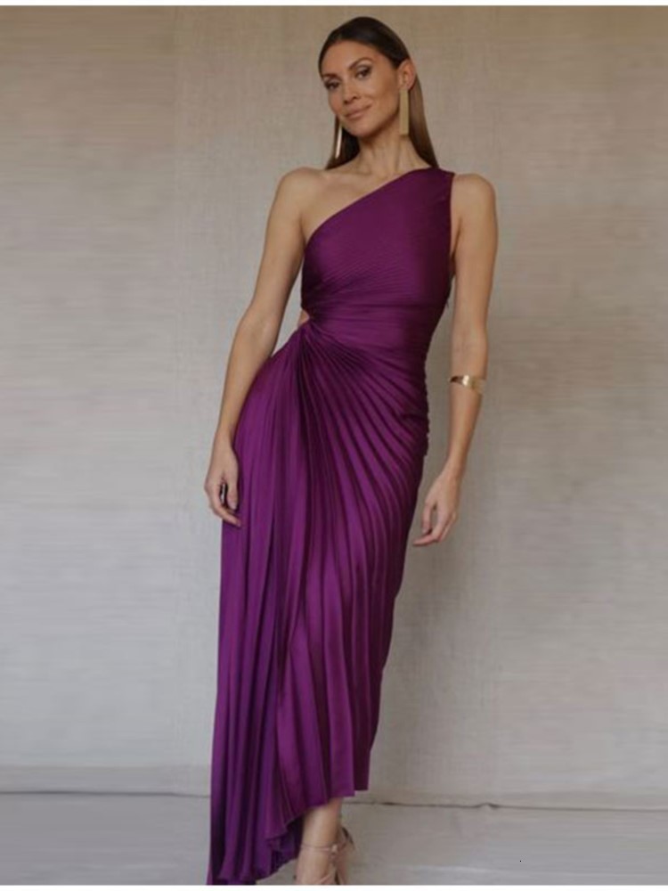 

Basic Casual Dresses Elegant One Shoulder Pleated Diagonal Collar Maxi Women Backless Sleeveless Irregular Dress Ladies Chic Evening Vestidos 230609, Print