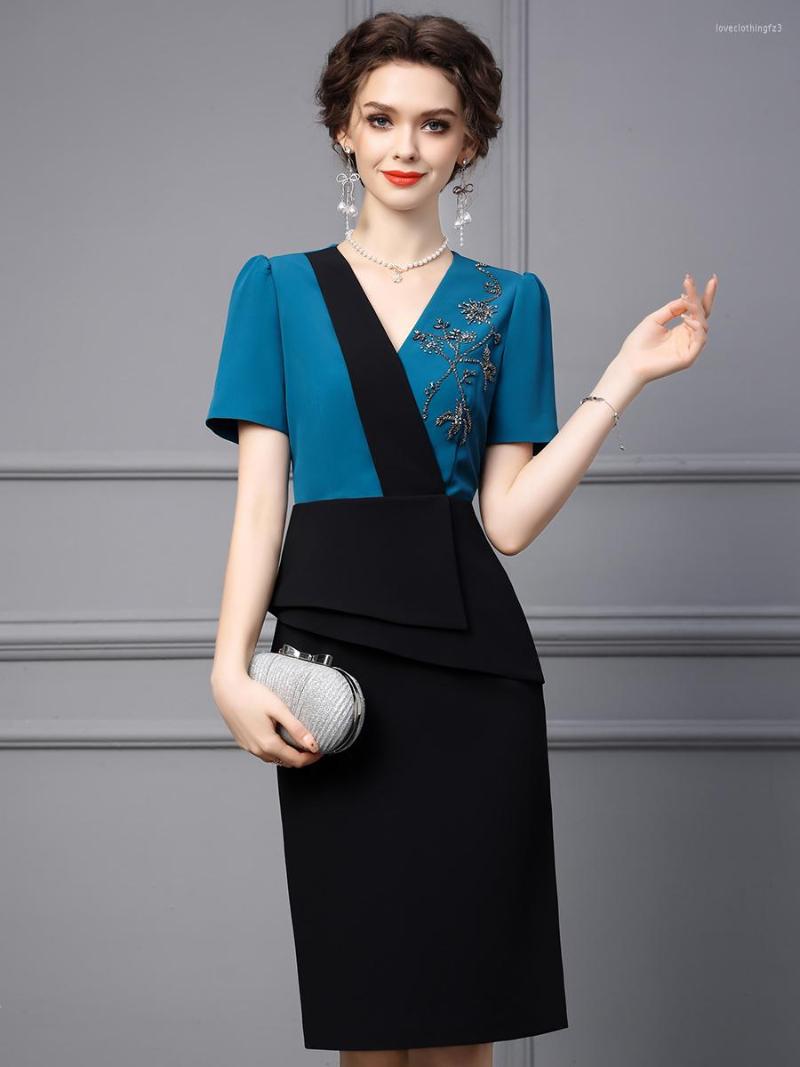 

Party Dresses Gedivoen Fashion Runway Dress Summer Women' V-Neck Short Sleeve Beading Package Buttocks Sexy, Blue