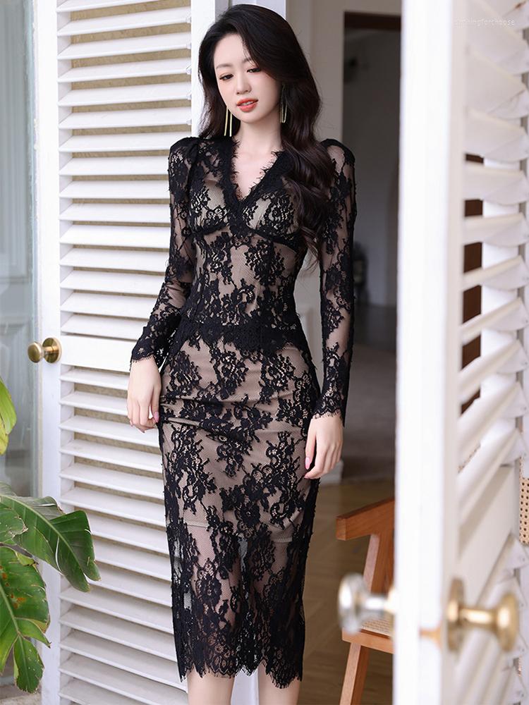 

Work Dresses Spring Autumn Lace Sexy 2 Pieces Outfits Elegant Women Chic Black V-Neck Tops Shirt Blouse High Waist Midi Skirt Mujer Slim Set