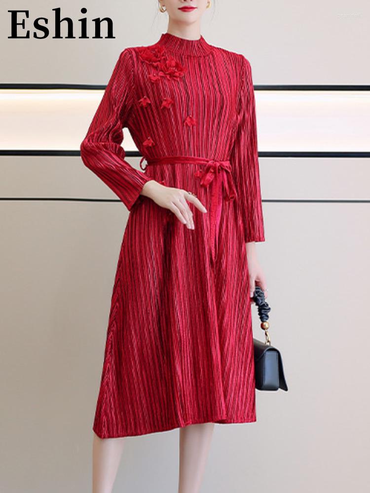 

Casual Dresses Eshin Pleated Women's Elegant Dress High Waist Long Sleeves Flower Decoration Female 2023 Spring Summer TH1813, Black