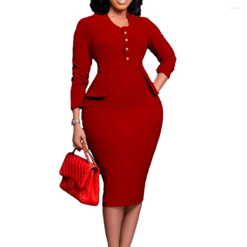 

Casual Dresses Plus Size Elegant Women Autumn Winter Slim Bodycon Mid-Calf Dress Fashion Ruffles V-Neck Office Lady Clothes, Red