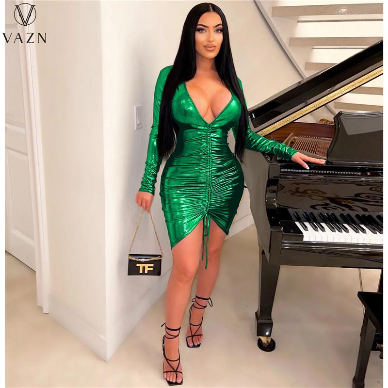 

Casual Dresses VAZN 2023 Luxury Designer Young Sexy Club Solid Sweet Deep V-Neck Full Sleeve Drawstring Women High Waist Thin Mini Dress, Black sliver
