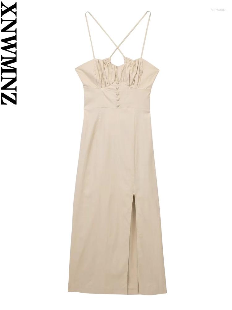 

Casual Dresses XNWMNZ 2023 Women Fashion Linen Blend Corsetry-inspired Dress Holiday Thin Straps Button Front Split Female Chic Midi, Picture color