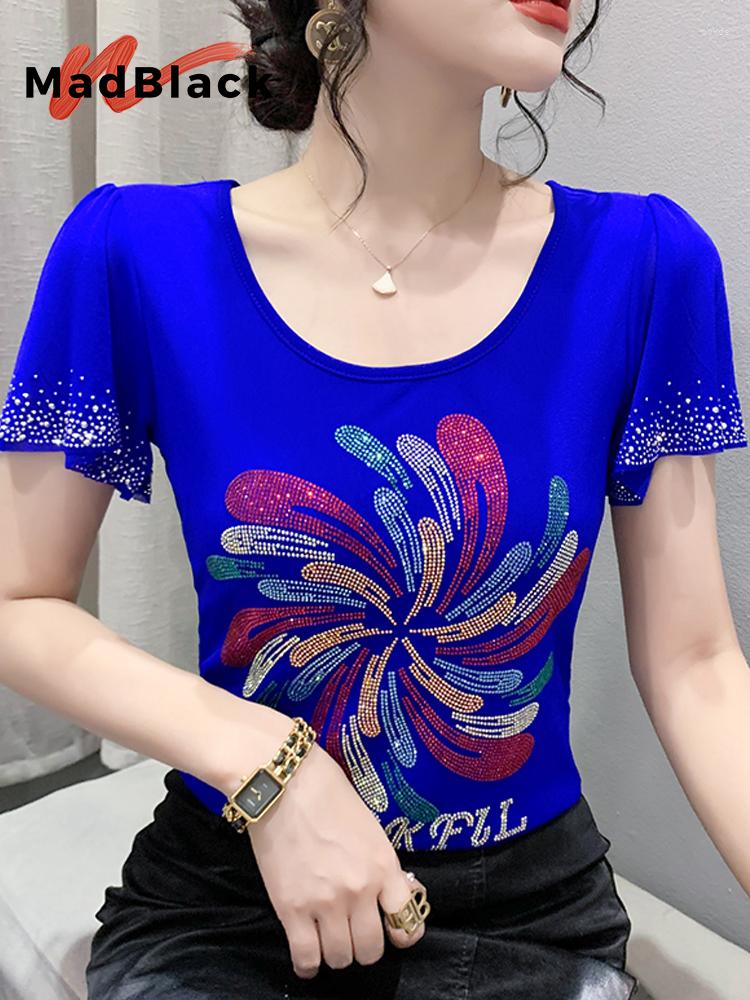 

Women's T Shirts MadBlack Summer European Clothes Tshirts Women Sexy O Necks Shiny Drill Slim 2 Layer Mesh Tops Short Ruffle Sleeve T35925C, Black