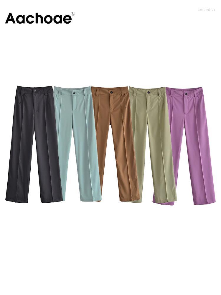 

Women's Pants Aachoae Women Fashion Solid Color Straight Casual High Waits Pleated Long Ladies Zipper Mujer Pantalon, Purple