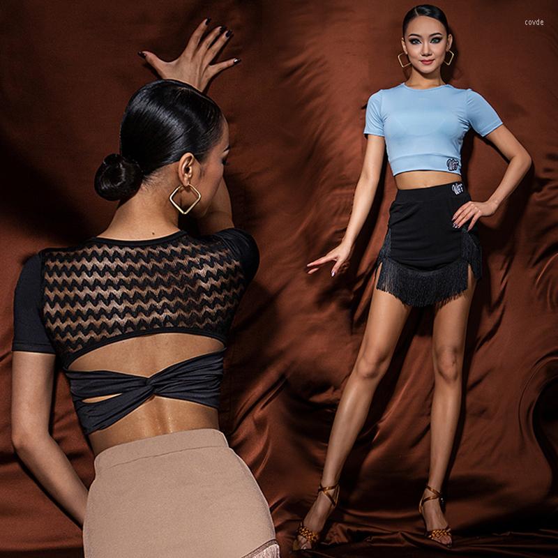 

Stage Wear Summer Latin Dance Clothes Women Short Sleeves Tops Practice Backless Rumba Dancing Blouse Black Blue DNV17933, Black tops