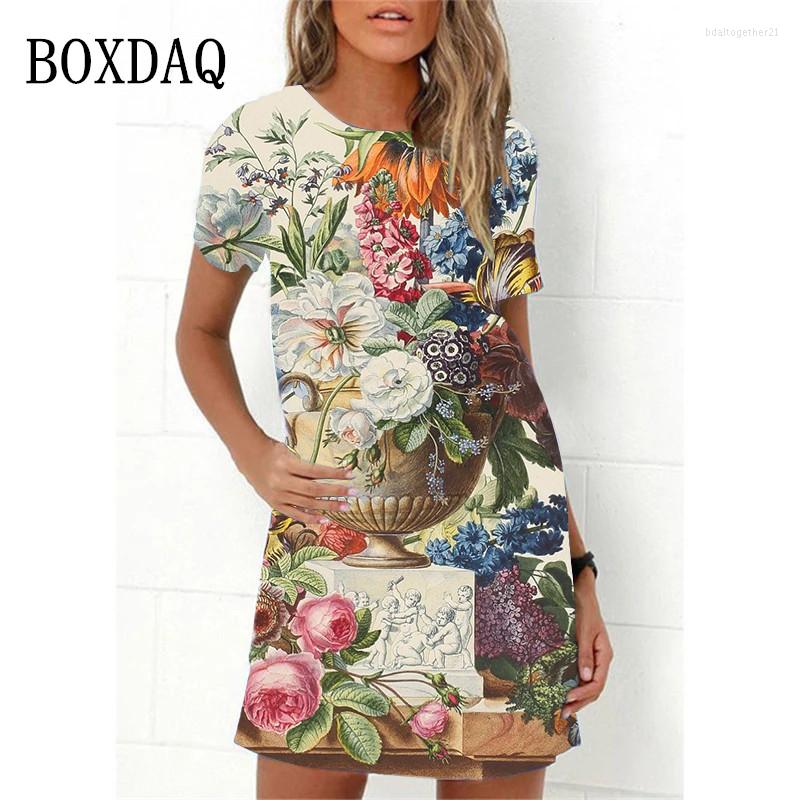 

Casual Dresses 2023 Oversized Summer For Women Plant Flowers 3D Printed Dress Vintage Short Sleeve O-Neck A-Line Sundress, Dx13356
