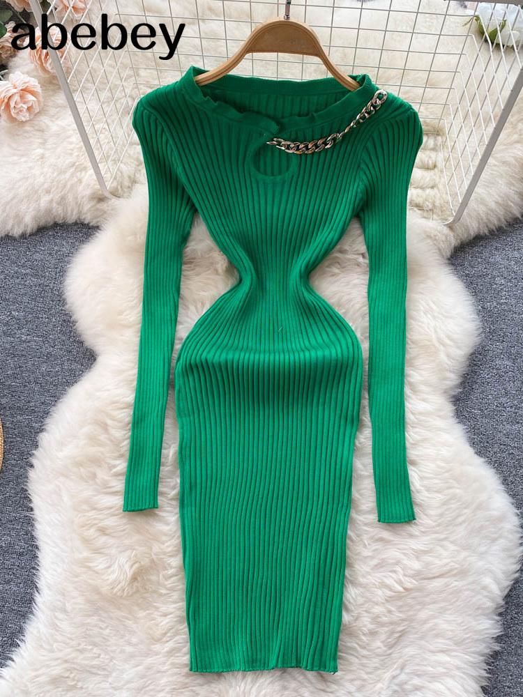 

Casual Dresses Women Korean Knitted Dress Long Sleeve O Neck Elastic Slim Pencil 2023 Autumn Sexy Bodycon Green Sweater