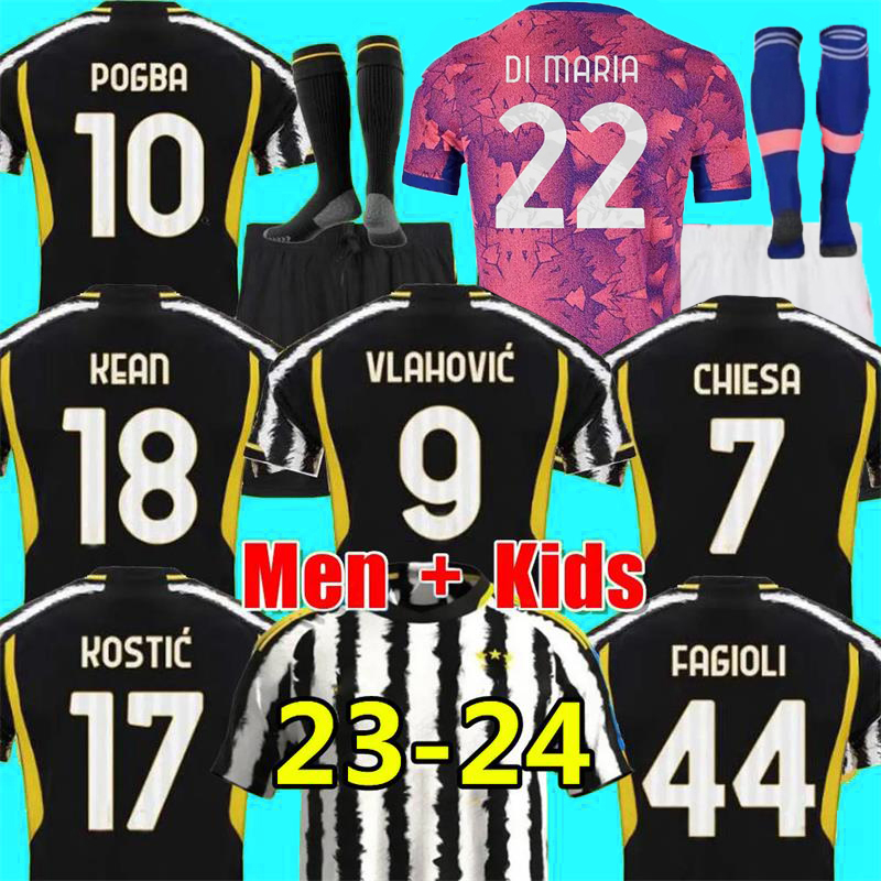 

23 24 Juve soccer jerseys CHIESA VLAHOVIC DI MARIA MILIK KEAN POGBA BONUCCI CUADRADO LOCATELLI DANILO FAGIOLI Bremer home away third 2023 2024 men kids kits, 23-24 third patch