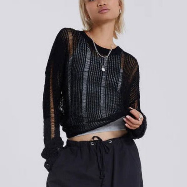 

Women's T Shirts Stretch Hollowed-Out Micro Through Long Sleeve Loose All-Match Sweater For Girls, White