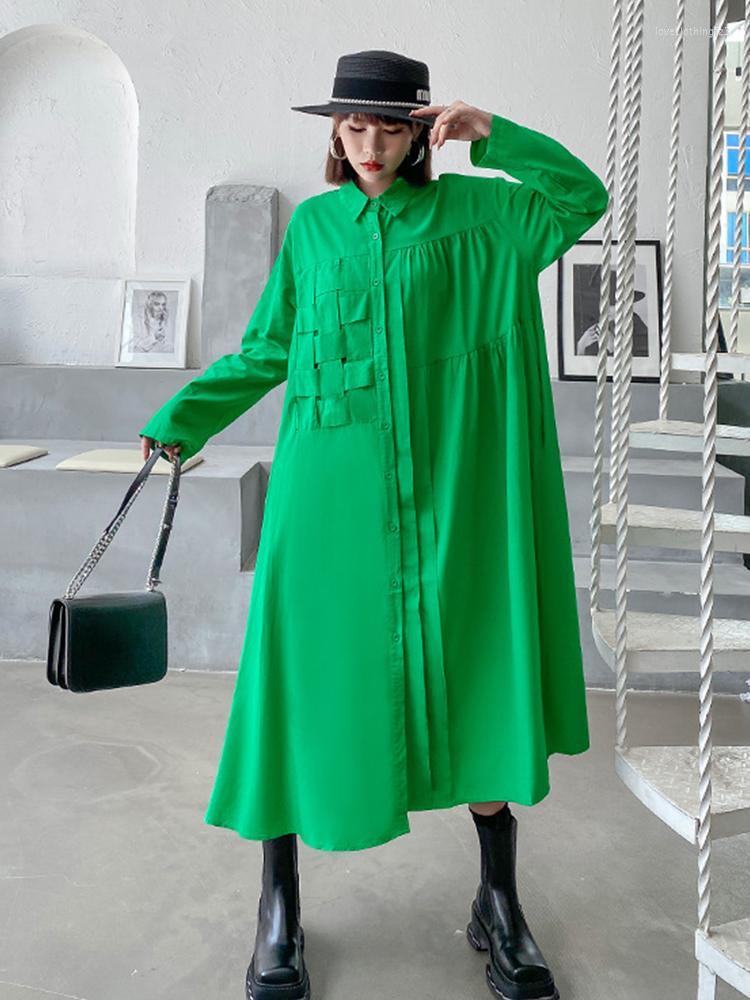 

Casual Dresses XITAO Women Single Breasted Solid Dress Personality Fashion Loose Polo-neck Full Sleeve Korea 2023 Autumn ZY7922, Green zy7922