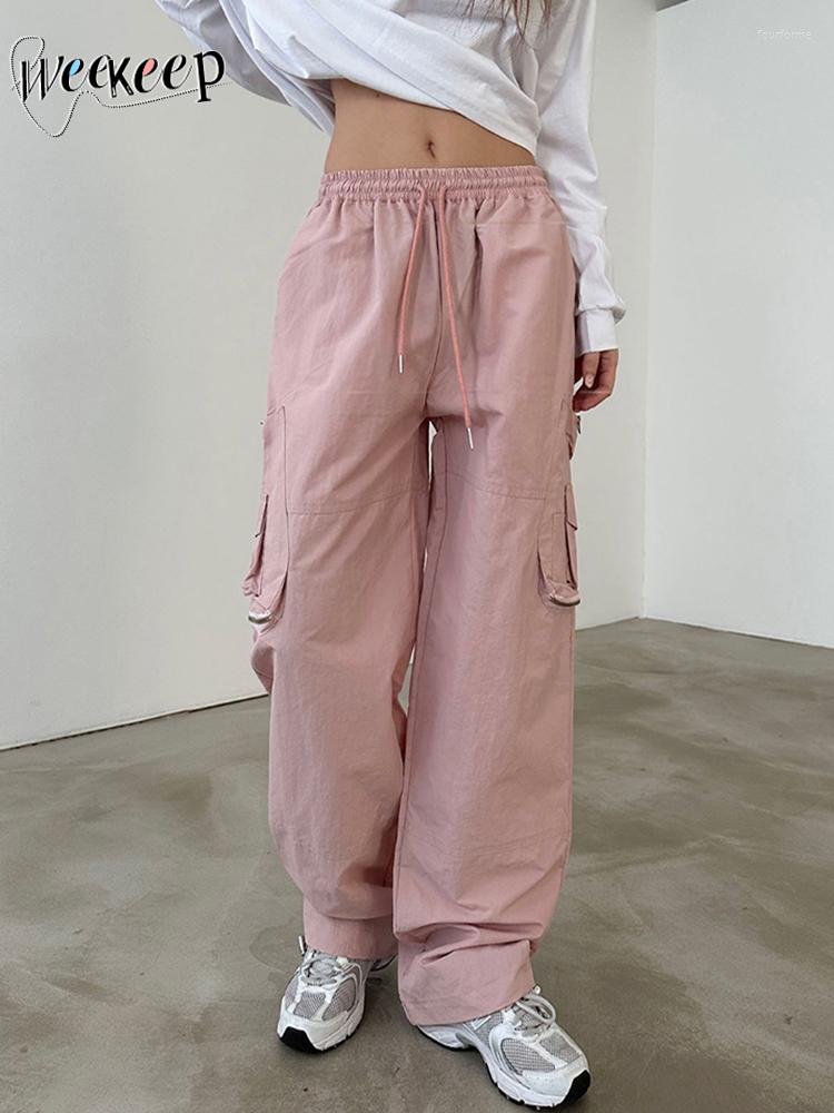 

Women' Pants Weekeep Y2k Pink Cargo Casual Baggy Wide Leg Sweatpants Women High Waist Jogging Trousers Korean Streetwear Ladies Vintage