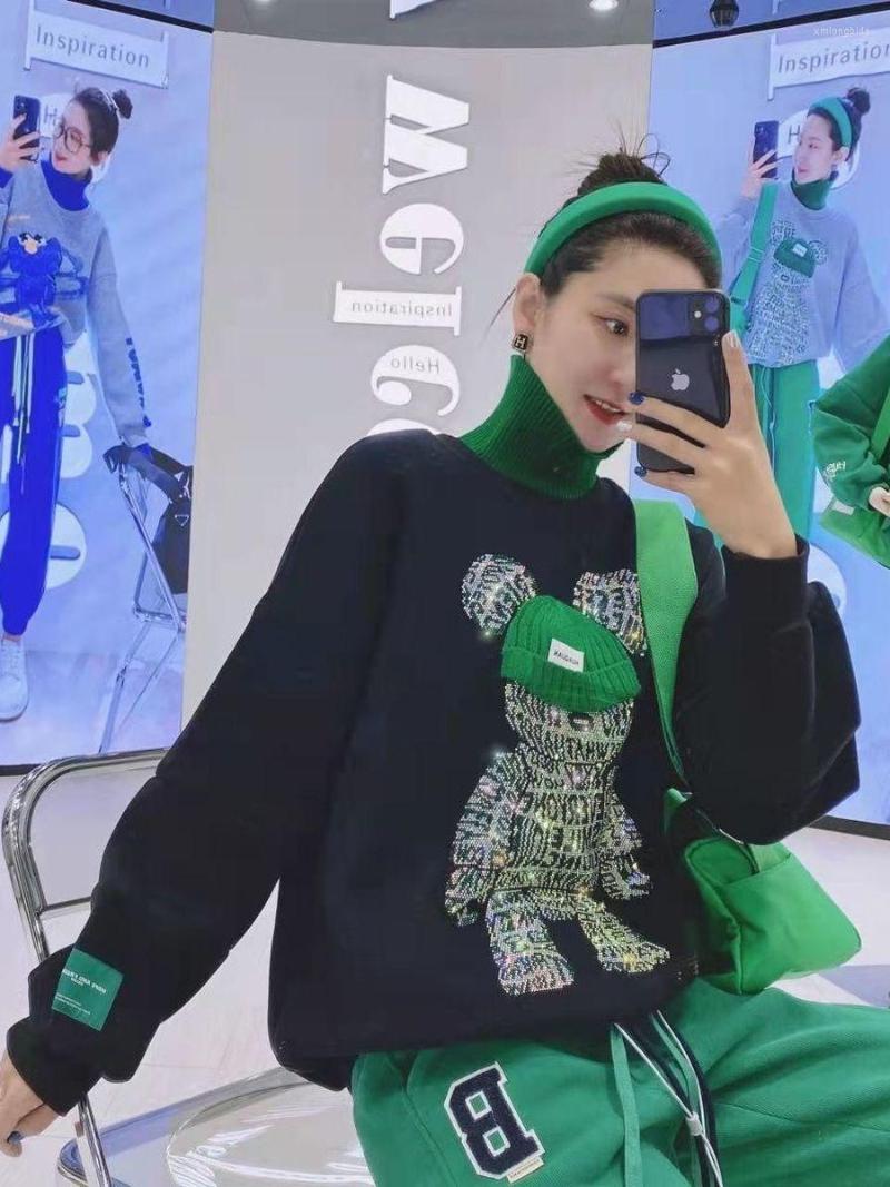 

Women' Hoodies Fashion Turtleneck Diamonds Print Bear Hoodie Harajuku Anime Black Women Ulzzang Patchwork Loose Leisure Chic Sweatshirt