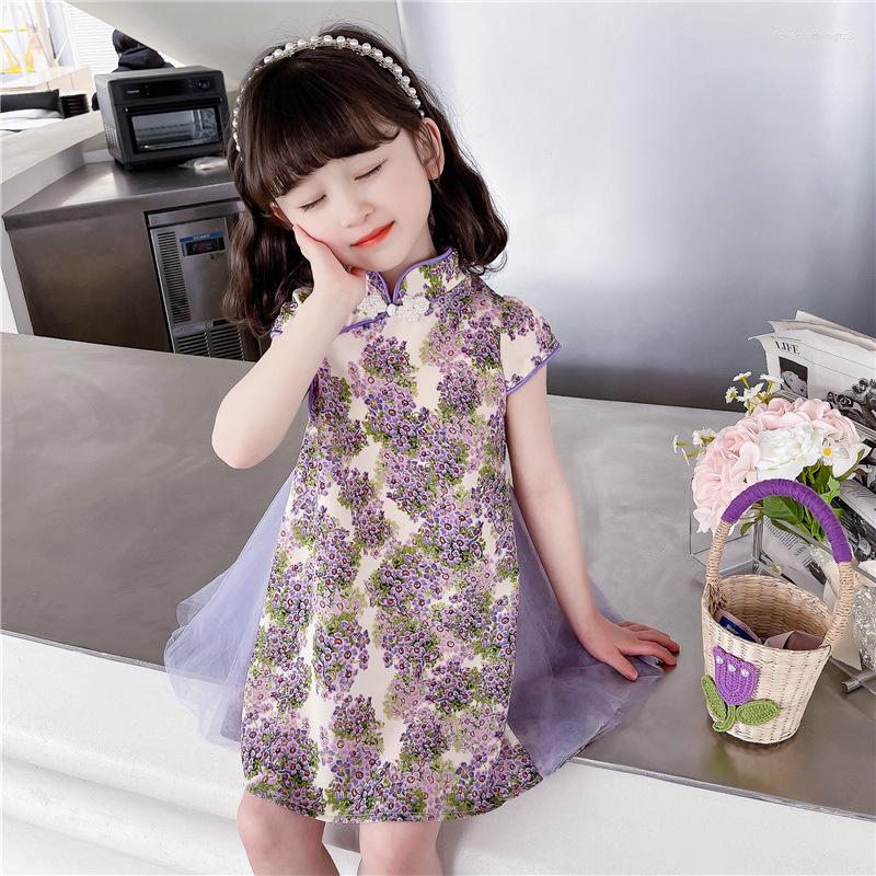 

Ethnic Clothing Girls' Chinese Style Retro Hanfu Children's Summer Westernized Cheongsam Floral Dress Thin Cotton Sk