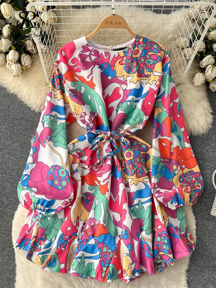 

Casual Dresses SINGREINY Women Retro Floral Dress Fashion Senior Puff Sleeve Lace-up Slim Temperament Office Lady Spring Print Midi Long, Brown