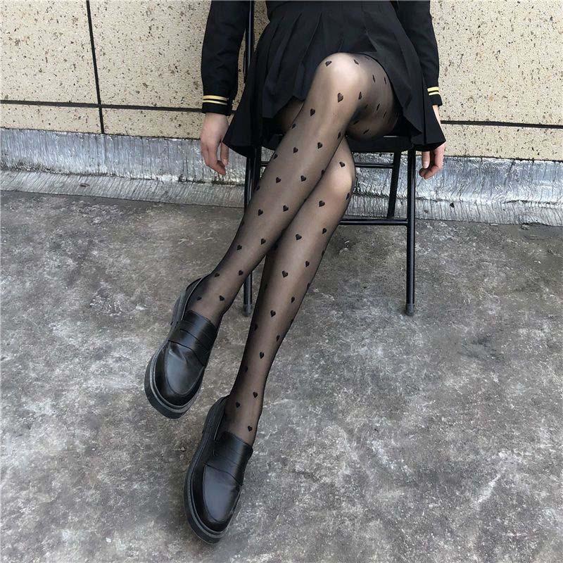 

Women Socks Women's Ultra Thin Tights Summer Transparent Lolita Pantyhose Heart Print Thigh High Silk Stockings Sexy Female Gothic, Pure black