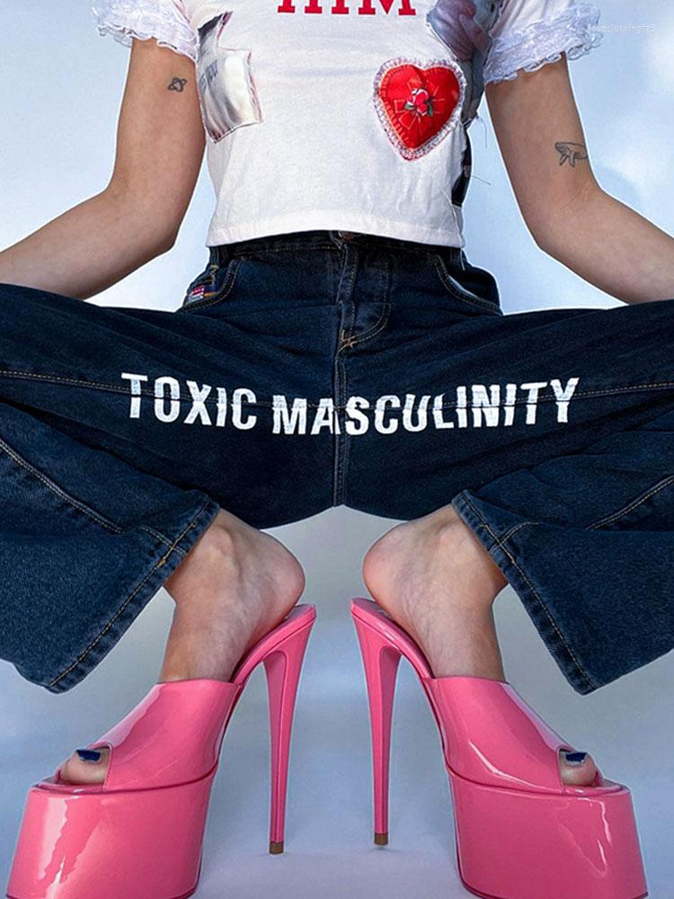 

Women' Pants Letter Women High Waist Women' Jeans Straight Baggy Button Cargo Korean Streetwear Y2k Summer, Dark blue