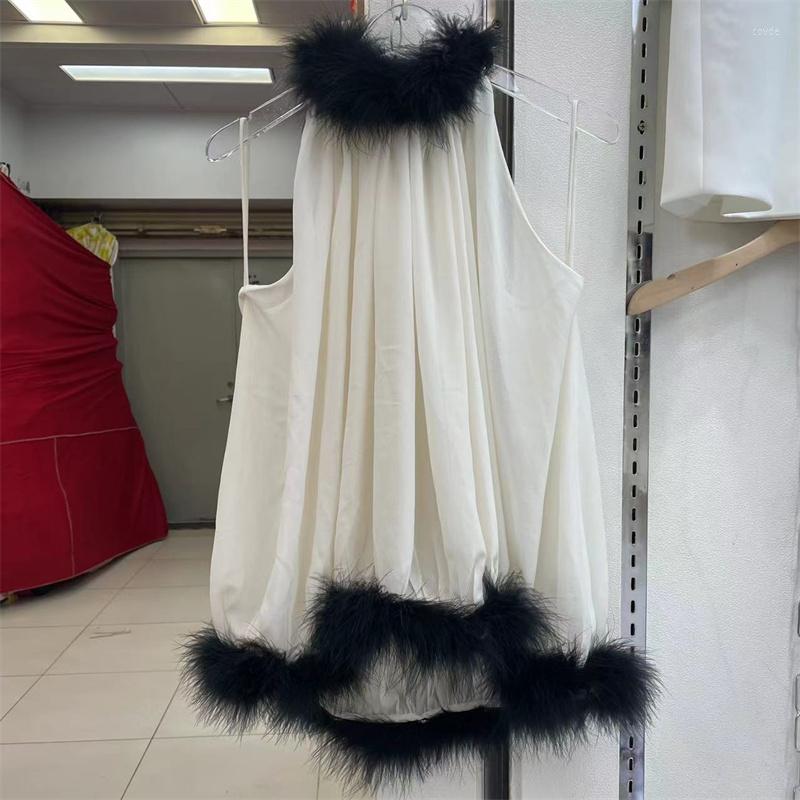 

Women' Tanks 2023 Spring Summer Fashion Feather Patchwork Fur Collar Sleeveless Tops For Women A-Line Chiffon Tank Top Y3873, White