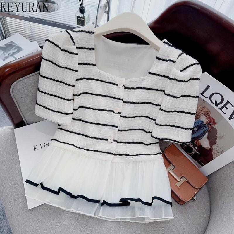 

Women's Blouses French Ruffle Striped Shirts Women's 2023 Summer Fashion Short Sleeve Square Neck High Waist Tops Mujer Blusas, White