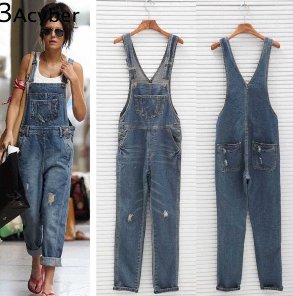 

Wholesale- Korean Women Jumpsuit Denim Overalls 2017 Spring Casual Baggy Jeans Full Length Pinafore Dungaree Romper Women JumpsuitPlus Size, Blue