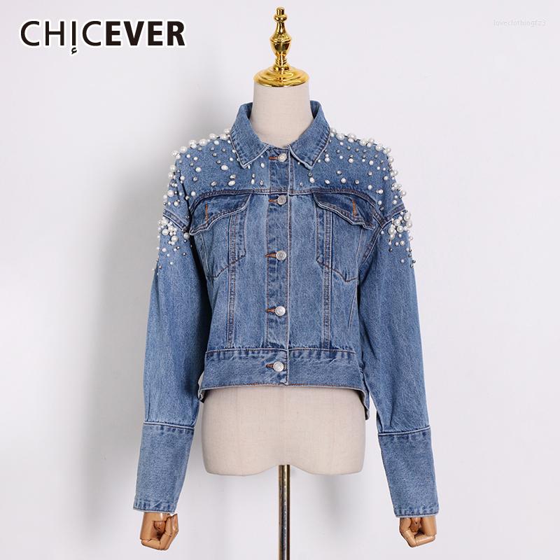 

Women' Jackets CHICEVER Patchwork Pearls Casual Jacket For Women Lapel Long Sleeve Denim Female 2023 Spring Fashionable Clothing, Black