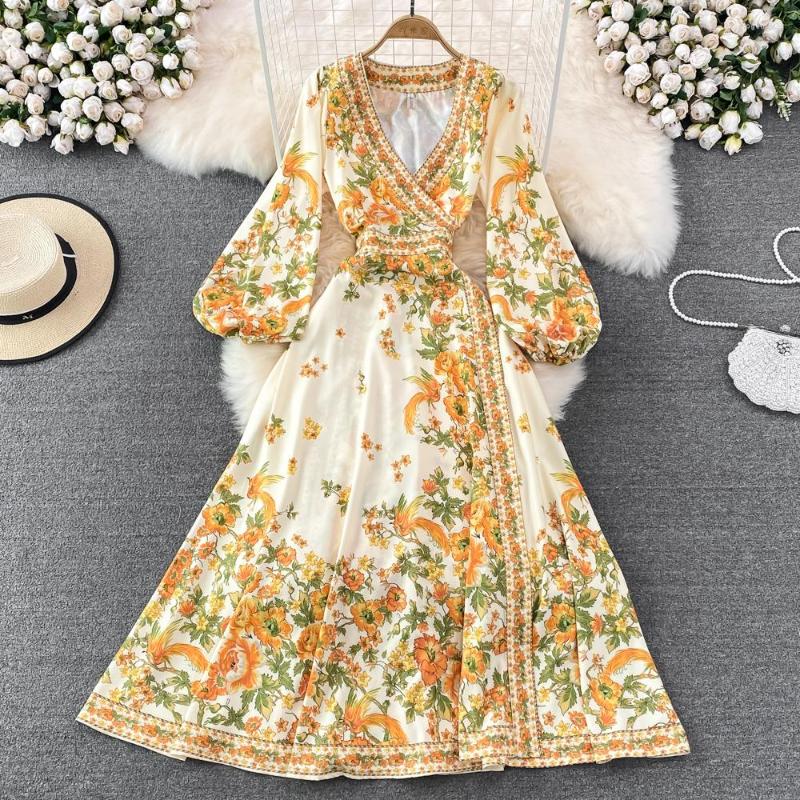 

Casual Dresses Floral Print Retro Pleated Elegant Puff Sleeve Dress A-line High Waist Boho Beach Vacation Women Summer Spring Vestidos, Black