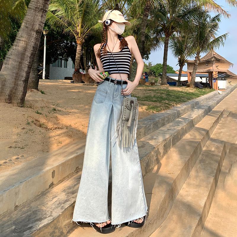 

Women' Jeans Vintage High Waist Loose A- Line Elephant Leg Women' Pants Summer Casual Dipped Wide All-match Denim Culottes For Women, Light blue