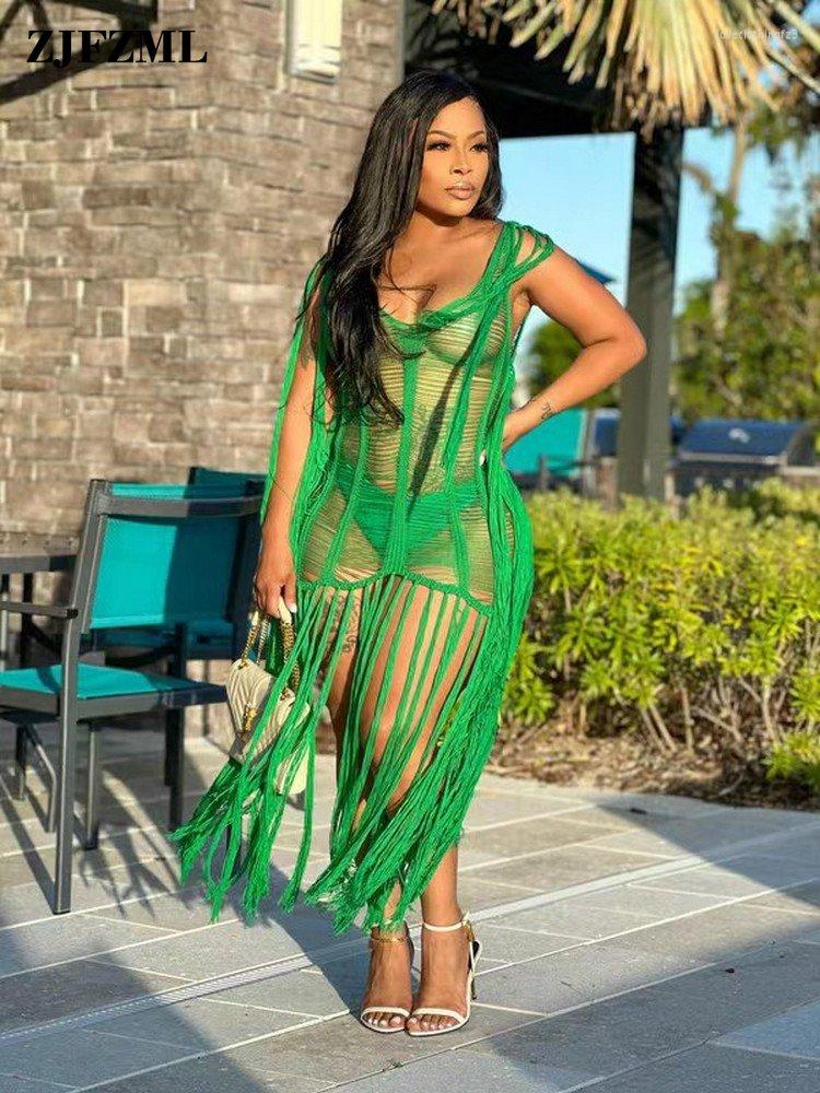 

Women's Swimwear Summer Hand Crochet Tassel Spliced Beach Dress Women 2023 Sleeveless Perspective Boho Dresses Vintage Backless Flowy Robe, White