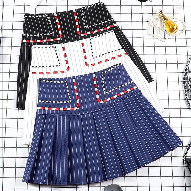 

Skirts Harajuku High Waist Pleated Skirt Women Sexy Fall Winter Striped Embroidery Preppy Girl White Japanese Kawaii Faldas Mujer