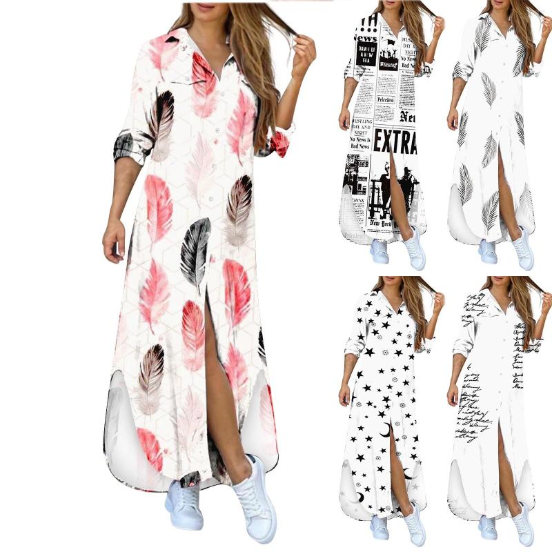 

Casual Dresses Women Sexy Print Shirt Long Sleeve Landscape Loose Button Down Blouses Classic And Versatile Dress Vestidos, Black
