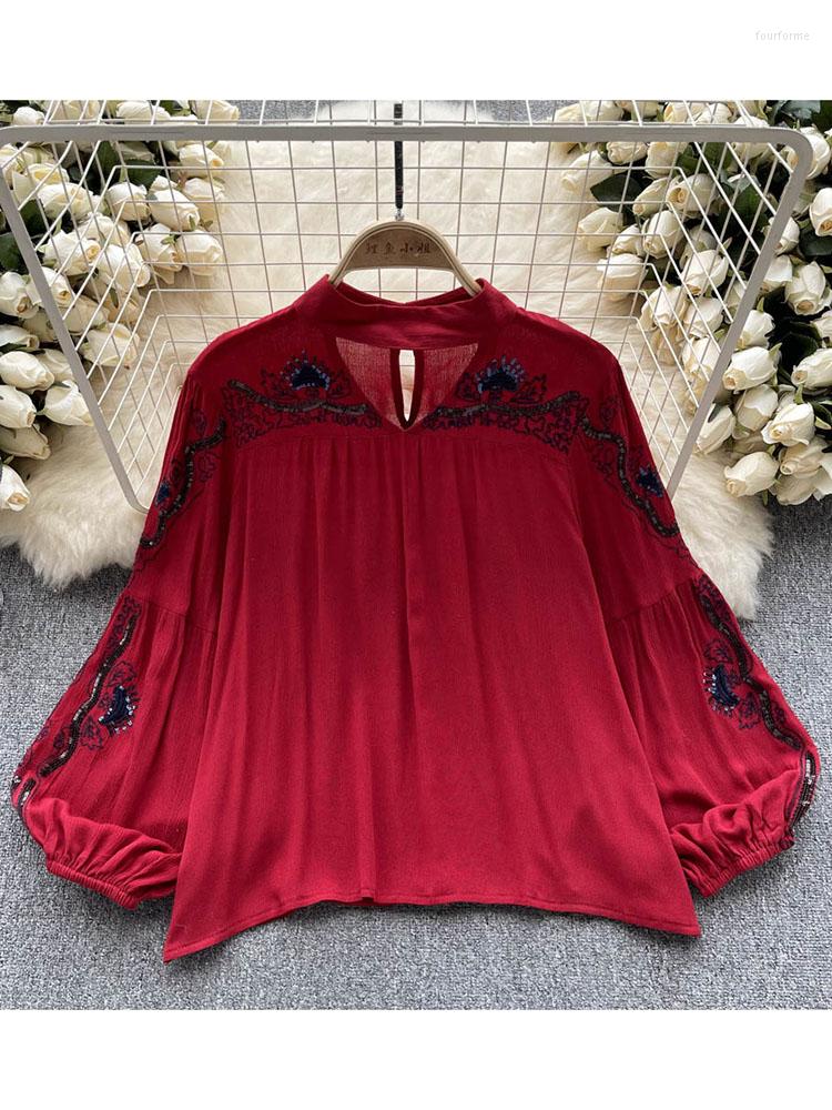 

Women's Blouses Women Spring Blouse French Court Style Lantern Sleeve Shirt With Loose Embroidery Niche Retro Bohemian Ethnic Top D3791, Red