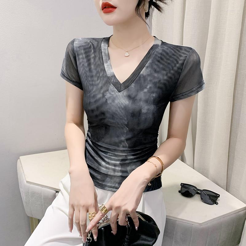 

Women's T Shirts 2023 V Neck Tie Dyed Double Layer Mesh Tops Y2k Women Short Sleeve Shirt Fashion Slim T-shirt Female Korean Ruched, Black