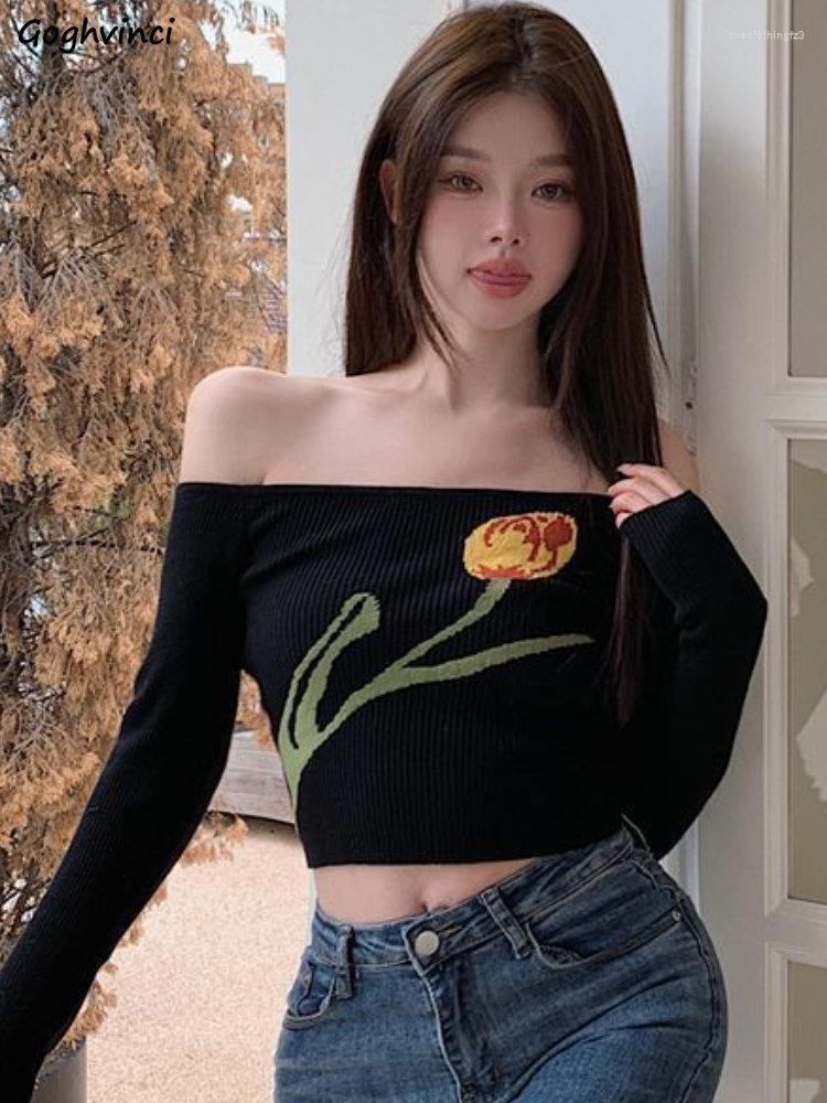 

Women' Sweaters Slash Neck Pullovers Women Flower Elegant Streetwear Long Sleeve Sweet Knitting Spring Ulzzang Casual Simple All-match, Apricot
