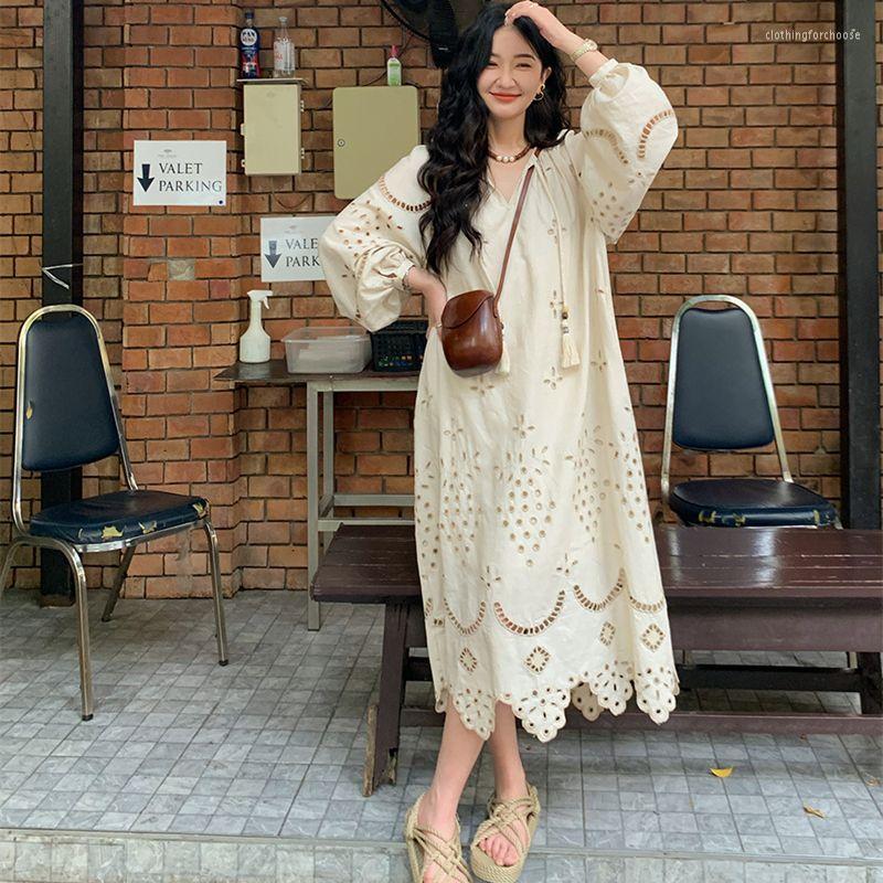 

Casual Dresses Summer Midi Cotton Women Loose Lace Hollow Out Vestidos Long Sleeve Embroidery Pullover Holiday Beach Boho Dress G806, Beige