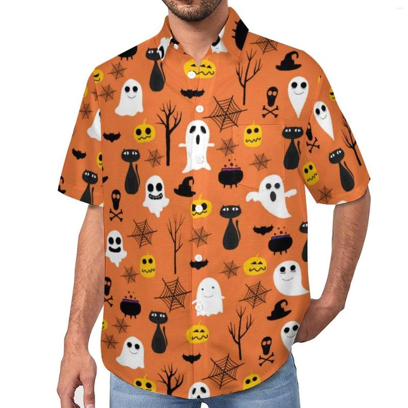 

Men's Casual Shirts Spooky Halloween Ghosts And Pumpkins Print Beach Shirt Hawaiian Vintage Blouses Male Printed Plus Size, Style-1