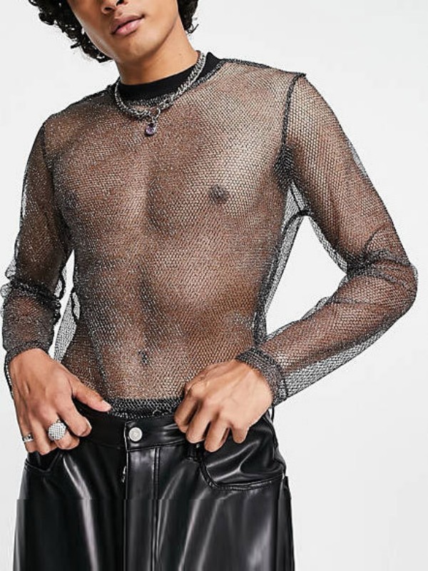 

Men's T Shirts Mesh Long Sleeve Drop Shoulder See-Through T-Shirt Men's Night Shine Breathable Mesh Base Shirt, Black