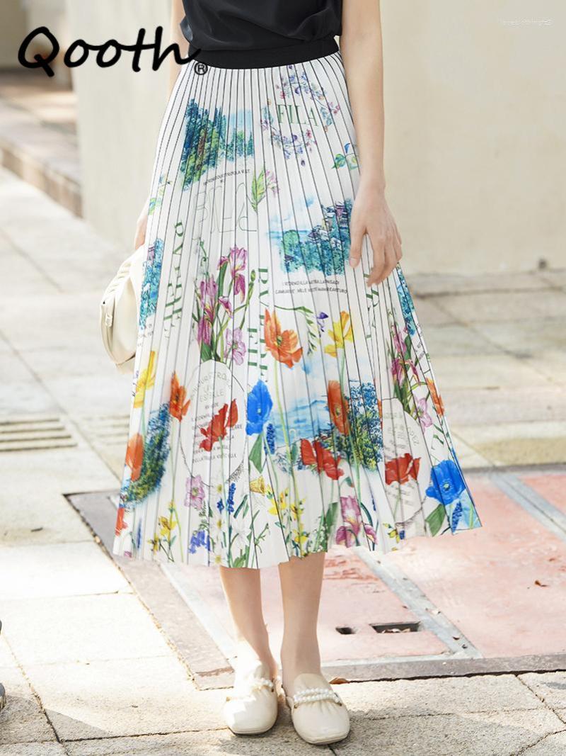 

Skirts Qooth Women Print Pleated Skirt Vintage High Waist Midi A-line For Summer Spring QT2087
