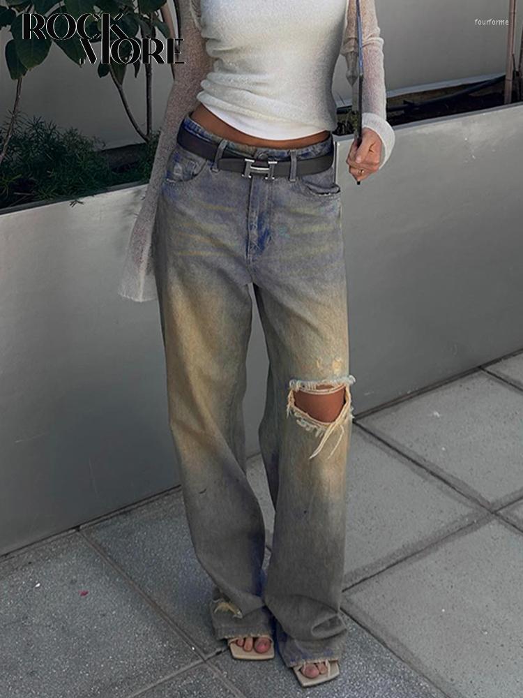 

Women' Jeans Rockmore Vintage Ripped Women Streetwear Wide Leg Hole Jean Pants Aesthetic Y2K Denim Trousers Casual Korean Pantalon, Blue